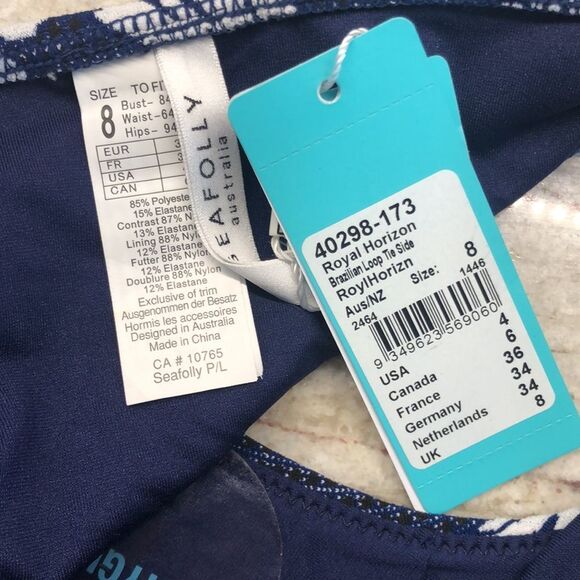 Seafolly Brazilian Loop Side Tie Swim Bikini Bottom Floral/Pineapple Navy/White - Picture 8 of 9